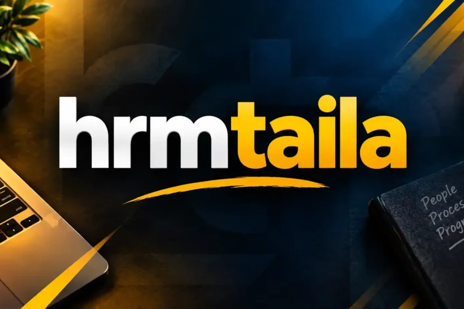 hrmtaila logo on modern desk with laptop notebook plant and coffee cup