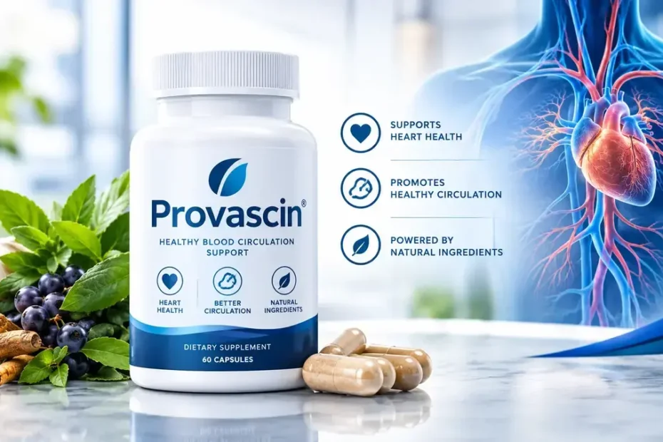 Provascin supplement packaging with blue capsules and a medical-themed background